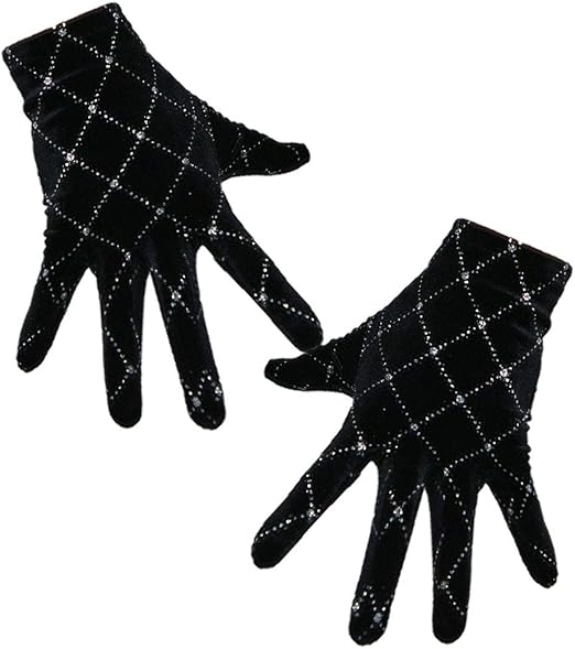 Women Velvet Gloves Long Stretchy Black Silver Chips Sparkle Wedding Bride Gloves
