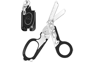 Awaiymi 6 In 1 Multifunctional Trauma Shears, Emergency Response Shears Stainless Steel Foldable Shears With Holster,Medical Trauma Shears Foldable With Strap Cutter black