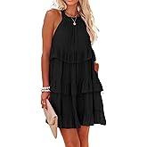 R.Vivimos Women's Summer Dress Boho Sleeveless Halter Layered Ruffle Casual Swing Mini Dress with Pockets