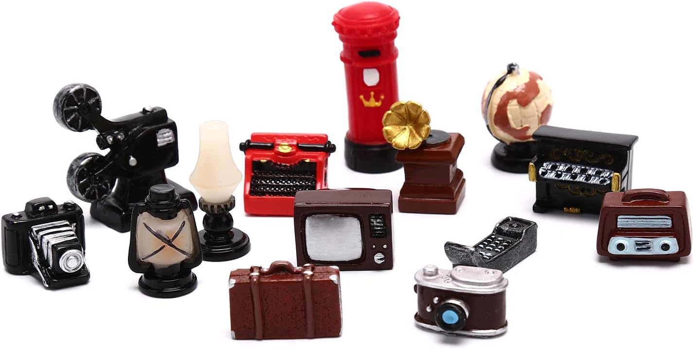 BESTIM INCUK 13 PCS Dollhouse Furniture Ornament, Delicate Vintage Miniature Doll house Decorative Furnishing Articles, Mini TV, Piano, Camera, Radio, Phonograph Models, Pretend Play Toys for Kids