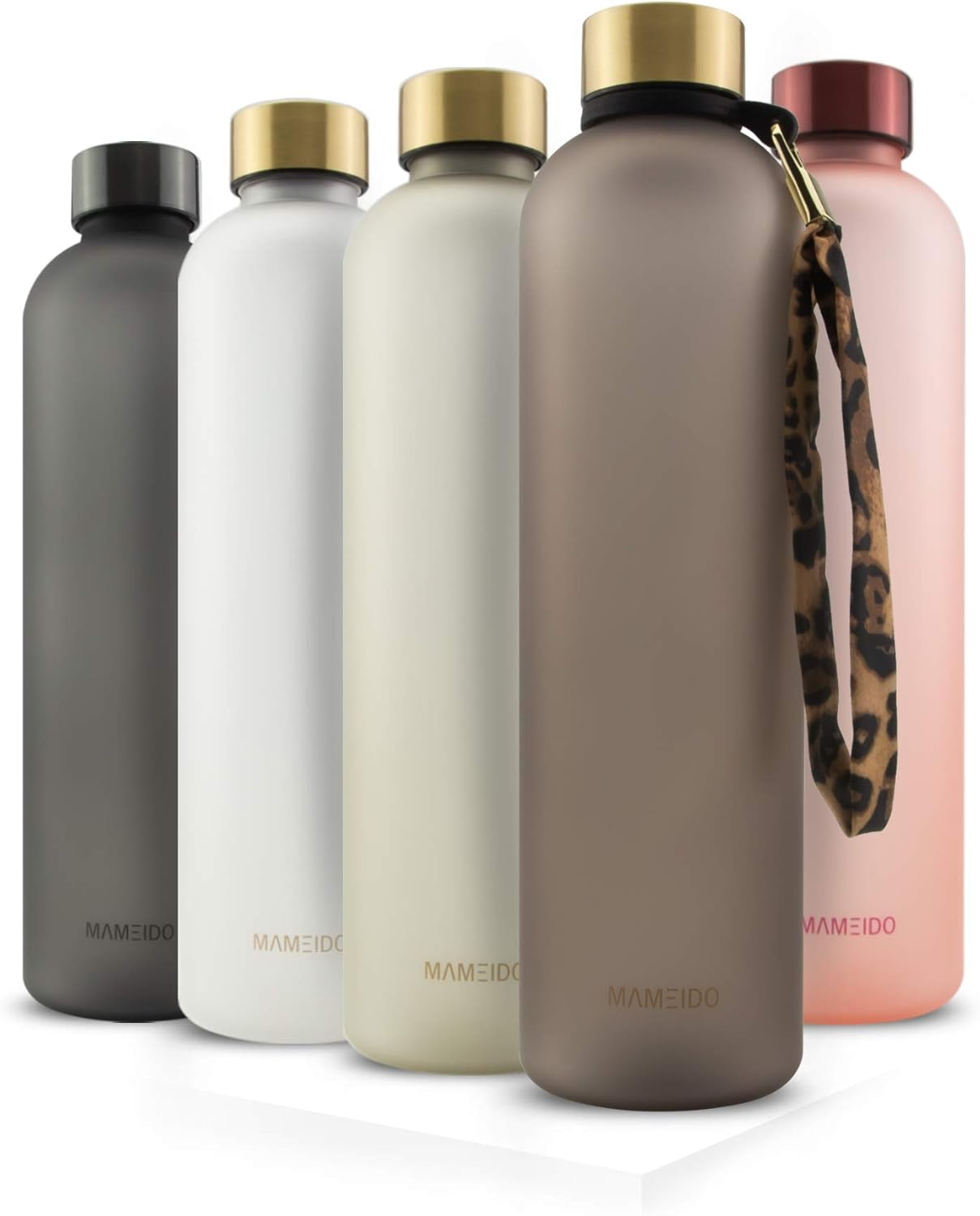 MAMEIDO Trinkflasche 1l - auslaufsicher, Kohlensäure geeignet - Zeitmarkierung als Trinkerinnerung - Wasserflasche aus Tritan (1000ml, Urban Taupe Gold)