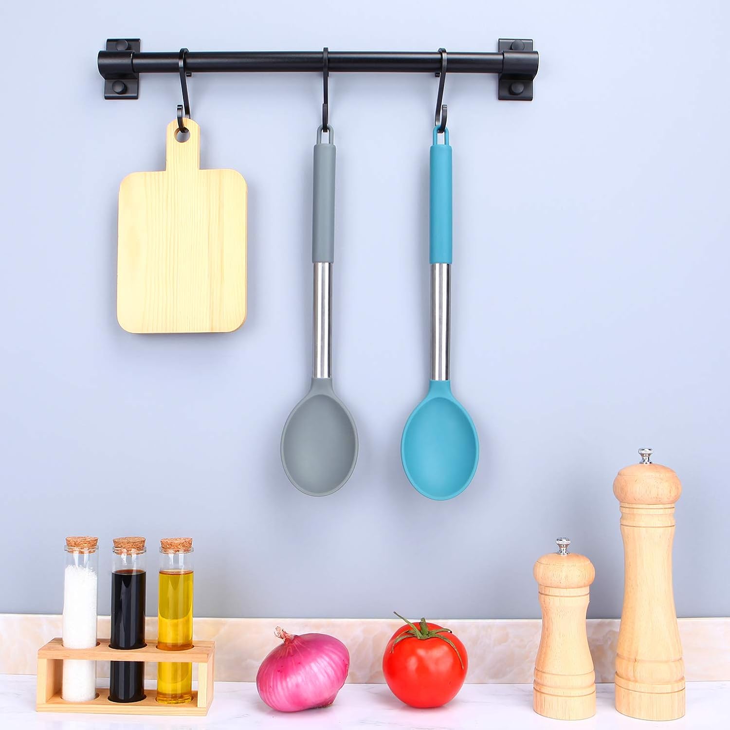 Pack of 2 Large Silicone Cooking Spoon Non Stick Solid Basting Spoons Heat-Resistant Kitchen Utensils for Mixing Serving (Gray-Blue): Kitchen & Dining
