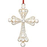 JUESMOS Metal Cross Ornaments for Christmas Tree Decorations White Pearl Cross Christian Ornaments Religious Keepsake Ornament Nativity Ornament Keepsake Gifts for Women Girls Sister Kids