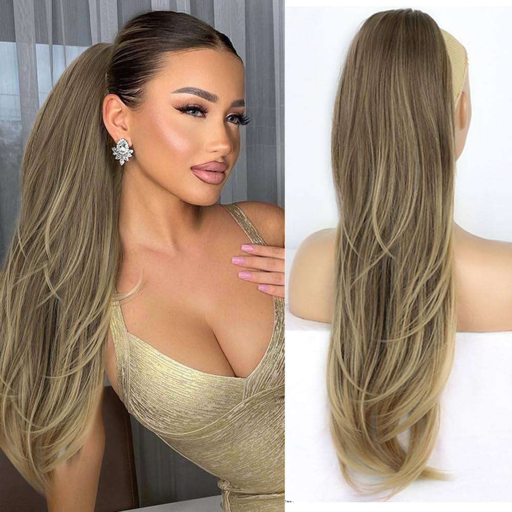 PORSMEER Ponytail Extension,Drawstring Ponytail Hair Extensions Ombre Brown 26 Inch Long Natural Straight Wavy End Synthetic Hairpiece for Women Girls Daily Use/Party — image 1