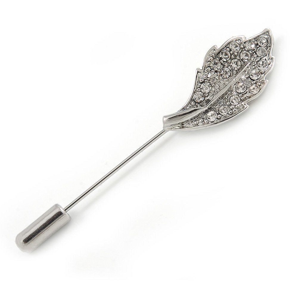 Silver Tone Clear Crystal Leaf Lapel, Hat, Suit, Tuxedo, Collar, Scarf, Coat Stick Brooch Pin - 60mm L