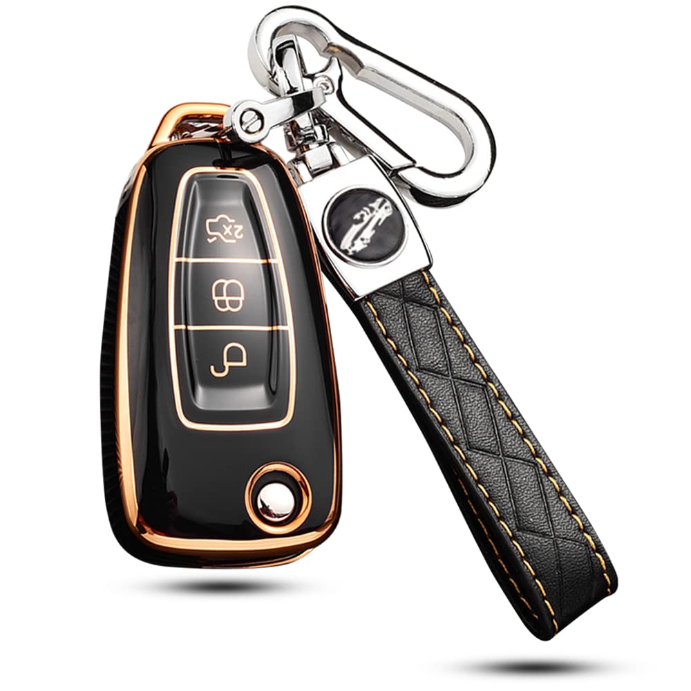 HIBEYO Car Key Case Fits Ford TPU Protective Case Key Cover Flip Key for Ford Escort Grand C-Max S-Max Focus Mondeo Galaxy Ranger Transit Keychain Key Case Black