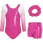 JiAmy Gymnastic Leotards for Girls 3/4 Sleeve Sparkly Unitards with Shorts Dance Biketards for 3-12 Years