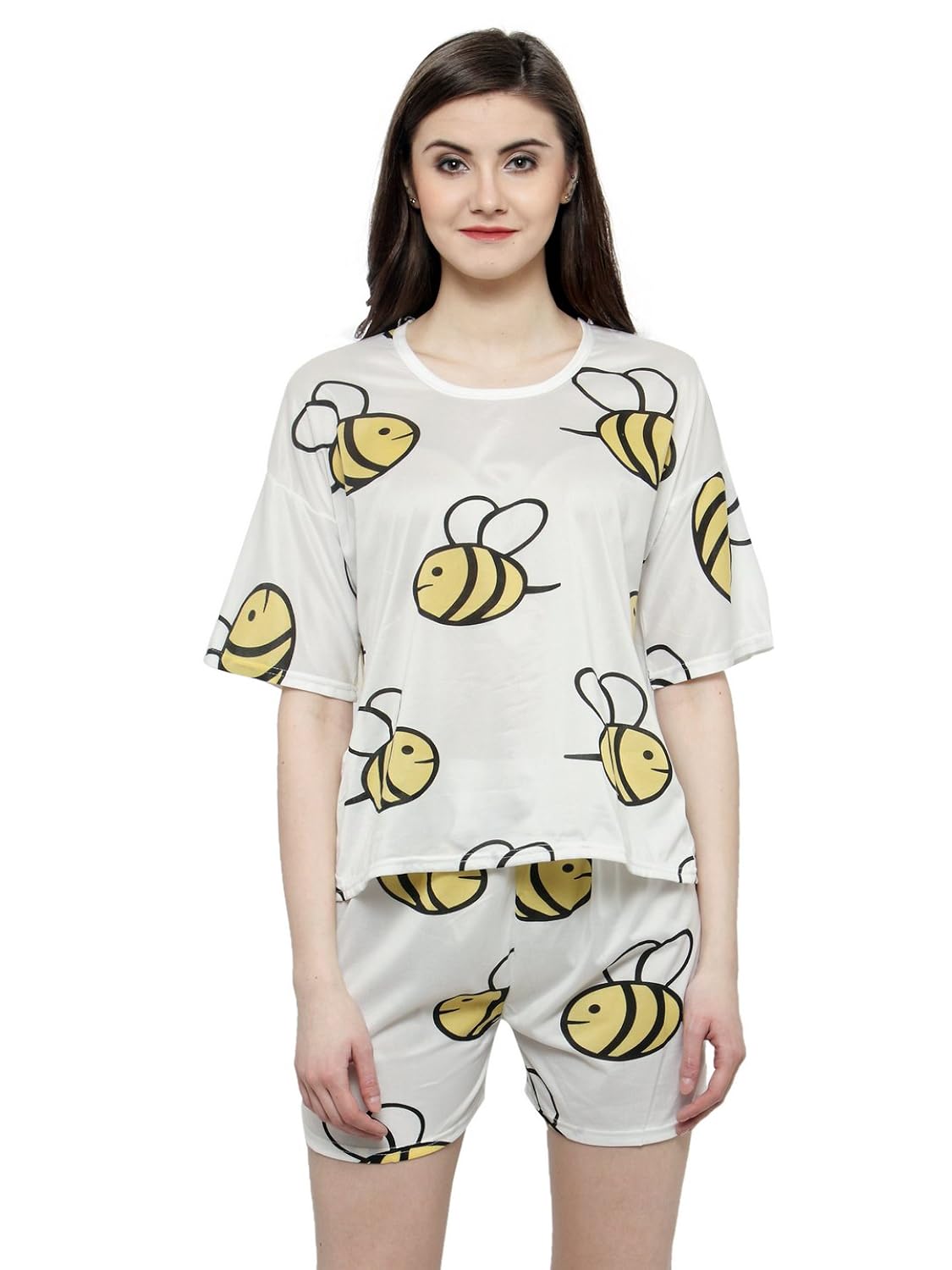 n-gal women white yellow printed nightwear top and shorts loungewear set - nayn37-white