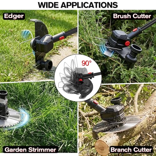 SMILOVII 21V Cordless Weed Wacker Lawn Edger, 4.6lbs Lightweight Battery Powered String Trimmer, 4-in-1 Brush Cutter with Metal Blades, Wire Brush & Guide Wheel for Garden Edging (2 Batteries, 2.0Ah)