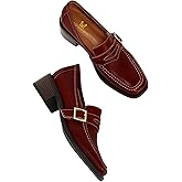 MOOMMO Women Red Chunky Heel Penny Loafers Square Toe Buckle Slip On 2" Stacked Block Heel Dress Loafers Oxfords Office Ladies Comfortable Classic Loafer Pumps Matte Red Size 7 M US