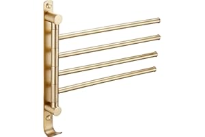Swivel Towel Bar Set in Brushed Gold - Heated Towel Rack with Electric Warmer, 4-Arm Towel Rail, Hook, and Ring for Bathroom 