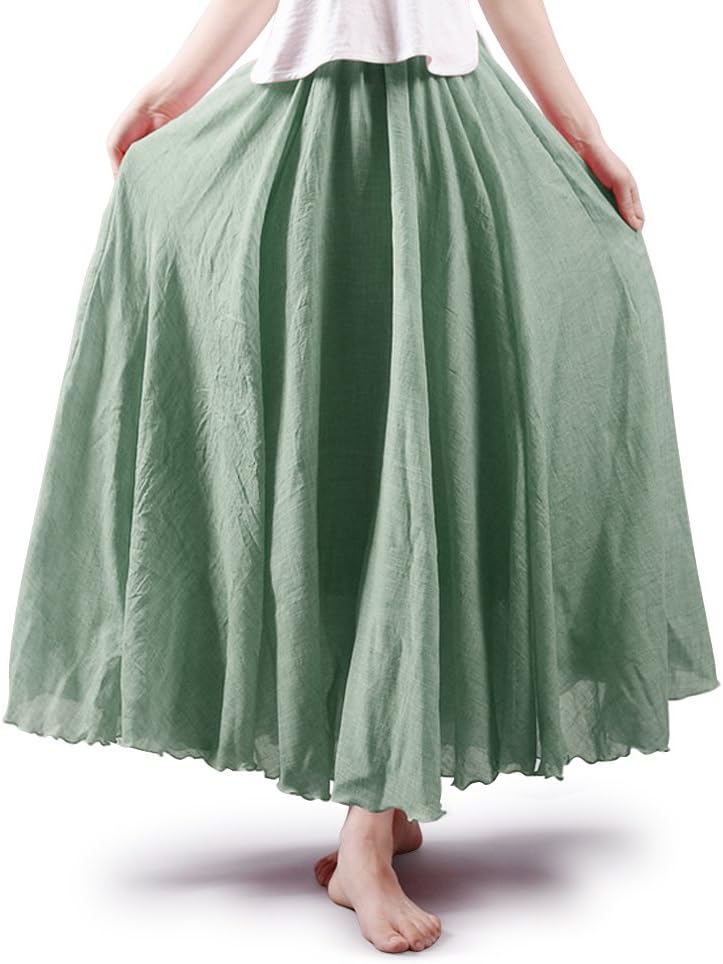 OCHENTAWomen's Girls Elastic Waist Long Flowy Bohemian Cotton Casual Maxi Skirt for Summer Beach Holiday