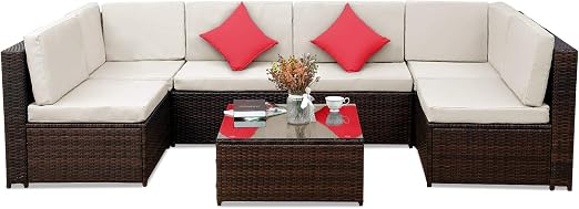 Amazon Com Patio Furniture Set Pe Rattan Sectional Garden Furniture Corner Sofa Set 7 Pieces Brown Kitchen Dining
