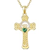 TANGPOET Claddagh Cross Necklace for Women 925 Sterling Silver Celtic Cross Pendant Irish Jewelry with Emerald Green Stone Gifts for Her Birthday Baptism with 18"+2" Chain