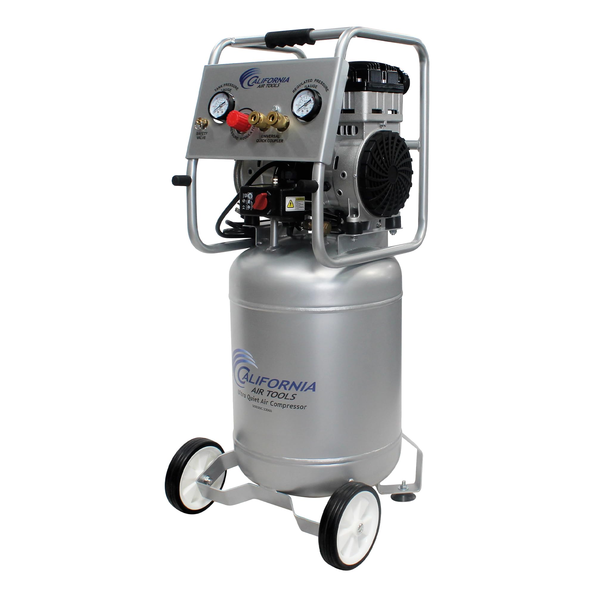California Air Tools 10020C-22060 Compresor de aire ultra silencioso y sin aceite de 2.0 HP, tanque de acero de 10 galones con ruedas, nivel de ruido de 70 dBA, 220 voltios