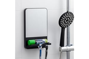 TAILI Shower Mirror Fogless Suction, Shaving Mirror with Razor Holder, Fog Free with Storage Tray, Rust-Proof, Shatterproof, Removable, Bathroom & Shower Accessories, Black