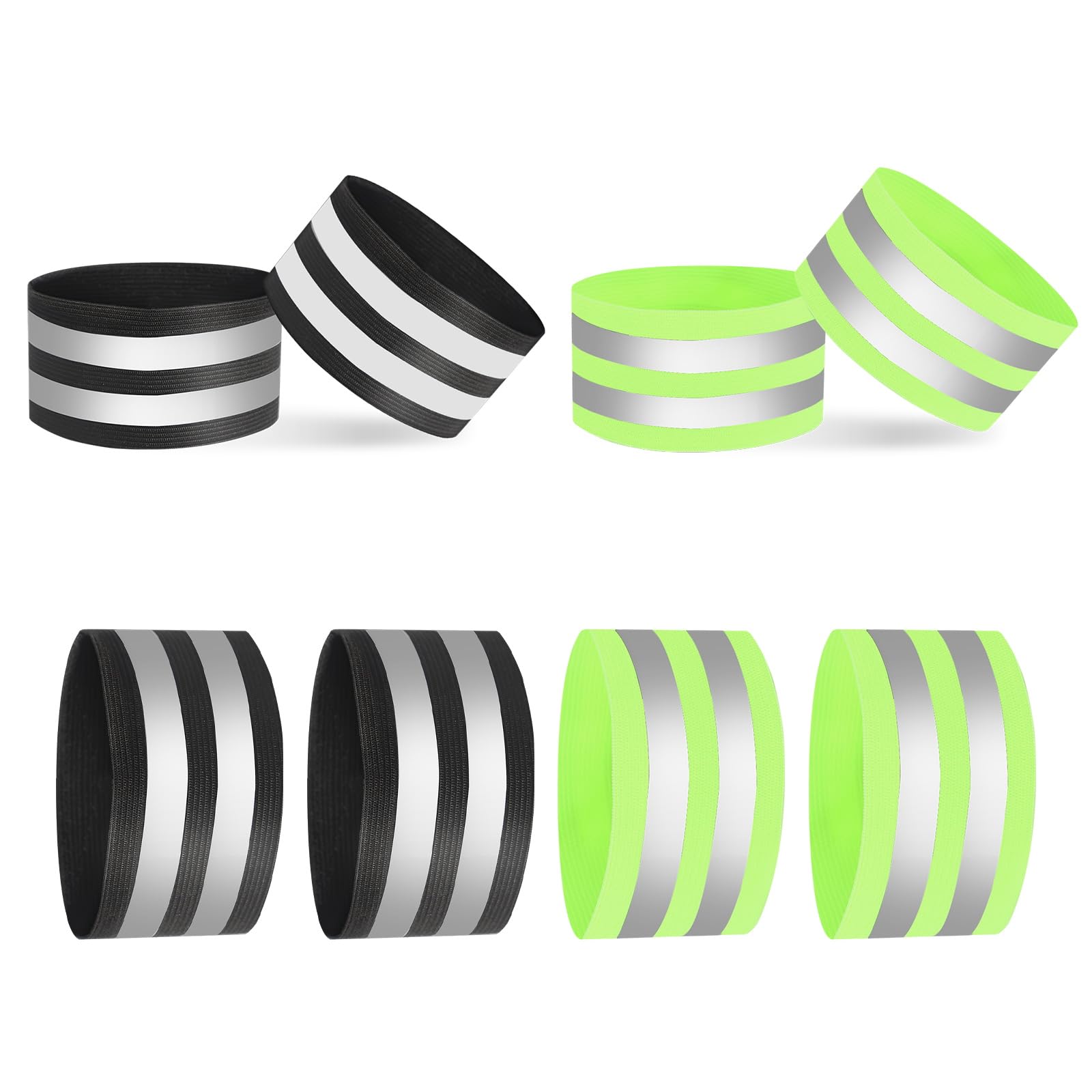 Reflective Bands Set, 8 Pcs Elastic Reflective Wrist Strap, High Visibility Bike Ankle Bands Reflector Armband Strong Reflective Strips Reflective Bands for Outdoor Jogging, Cycling (Green and Black)