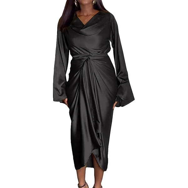 Women's Elegant Waist Long Sleeve Dress Floral Wrap Crewneck Satin Dress  Pencil Silk Wedding Maxi Dress (Small,Black) at Amazon Women's Clothing  store
