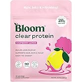 Bloom Nutrition Clear Whey Protein, Raspberry Lemonade, 10 Servings | Whey Protein Isolate with Collagen Peptides &amp; Digestive Enzymes, 20g Protein, Sugar Free Post Workout Drink Mix, 90 Calories