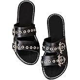 GORGLITTER Women's Buckle Leather Flats Sandals Dressy Double Strap Punk Open Toe Summer Beach Vacation Slides Sandals