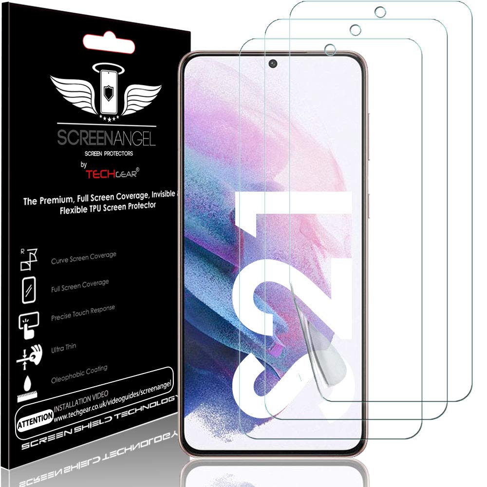 TECHGEAR [3 Pack Screen Protector fits Samsung Galaxy S21 [Screen Angel Edition] [In-Display Fingerprint Support][Case Friendly] [Bubble Free] [FULL Screen Coverage] HD Clear Flexible TPU Film