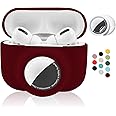 2 in 1 Protective Case for Apple AirPods Pro Air Tag Holder Combo, Soft Silicone Airpods Pro AirTag Case with 2 PCS Screen Protector, Anti-Scratch Anti-Fall Anti-Lost (WineRed)