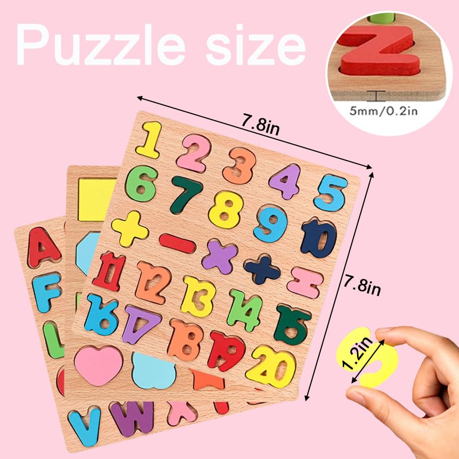 Wooden Puzzles for Toddlers, 3pack Alphabet Shape Puzzles for Kids 3 Wooden Montessori Toddler Wooden Alphabet Number Shape for Kids 3 Years Old Boys & Girls