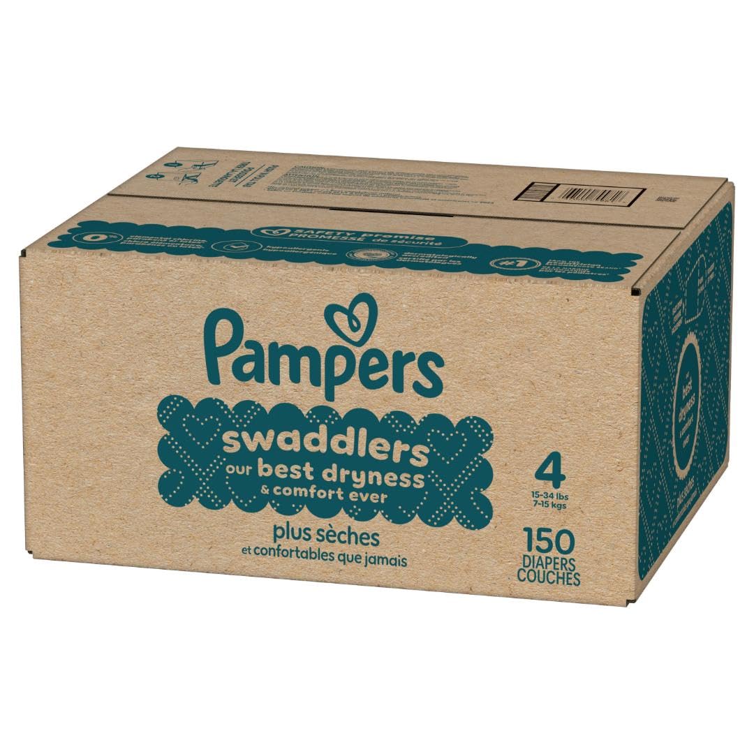 Pampers Swaddlers Diapers, Size 4 (15-34 lbs), 150 Count, Absorbent, Keeps Baby Dry and Comfortable, Skin Safe Disposable Baby Diaper (Packaging May Vary)