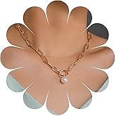 Andelaisi Boho Pearl Pendant Necklace Vintage Pearl Paperclip Chain Necklace Gold Pearl Circle Choker Necklace Paper Clip Pearl Necklace Jewelry for Women