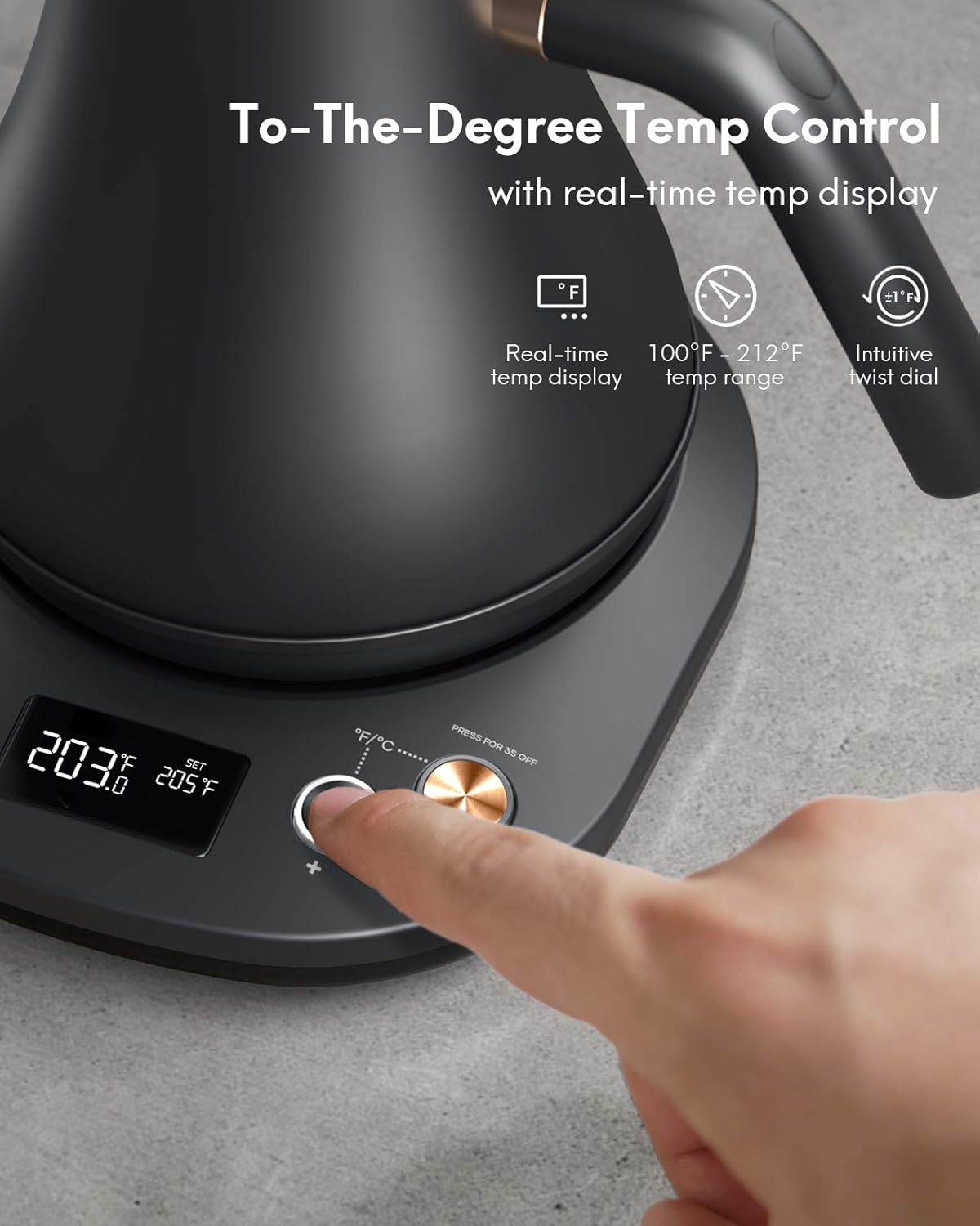 Willsence Electric Gooseneck Kettle Temperature Control, Pour Over Kettle for Coffee and Tea, 100% Stainless Steel Inner Lid and Bottom, 1200W Rapid Heating, 0.8L, Built-in Stopwatch, Matte Black: Kitchen & Dining