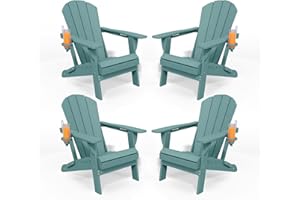 Patio Kingdom Folding Adirondack Chairs with Cup Holders, Set of 4 HDPE Plastic Outdoor Chairs, Weather Resistant, Real Wood Look, Heavy-Duty Patio Furniture for Deck, Fire Pit, Backyard, Aruba Blue