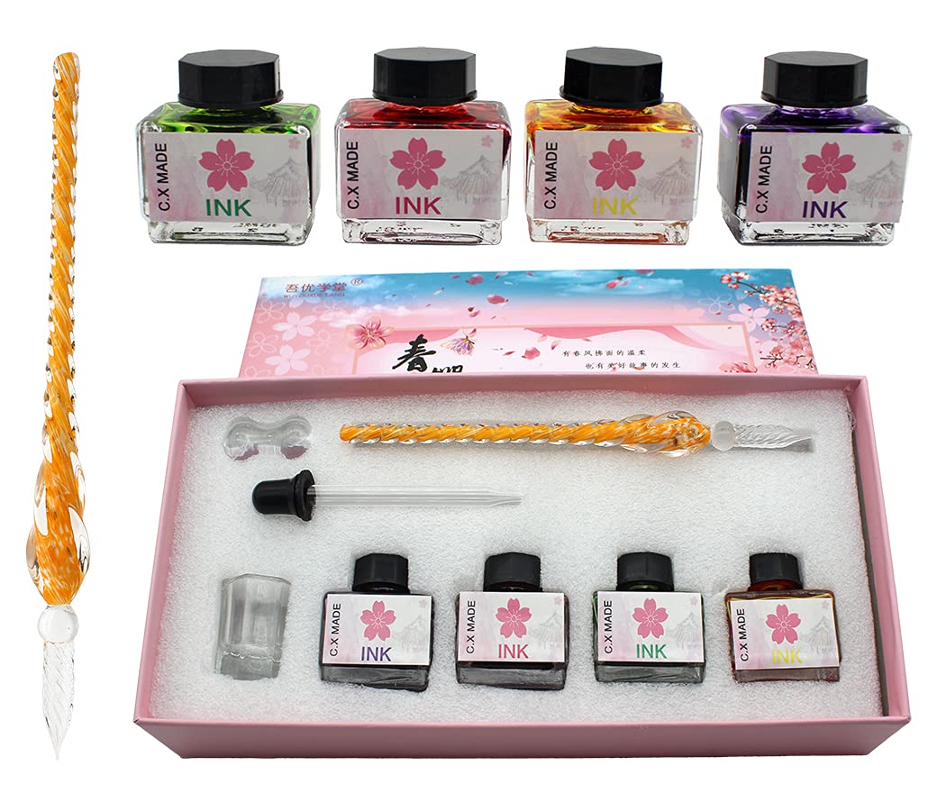 XIAOYU Glass Dip Pen Ink Set, Calligraphy Dip Pens, Crystal Calligraphy Pen and Ink Set with 4 Bottle Inks, Calligraphy Kits for Art, Writing, Signatures, Decoration, Orange