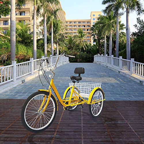 SURPCOS Adult Tricycle Cruise Bike Full Size 3 Wheeled Trike Bicycle with Wire Shopping Basket (Yellow, 7-Speed, 24" Wheel) - Thumbnail 7