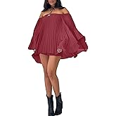 Ophestin Women's 2 Piece Pleated Outfits Off Shoulder Oversized 3/4 Cape Sleeve Shirt Shorts Set for Beach Vacation