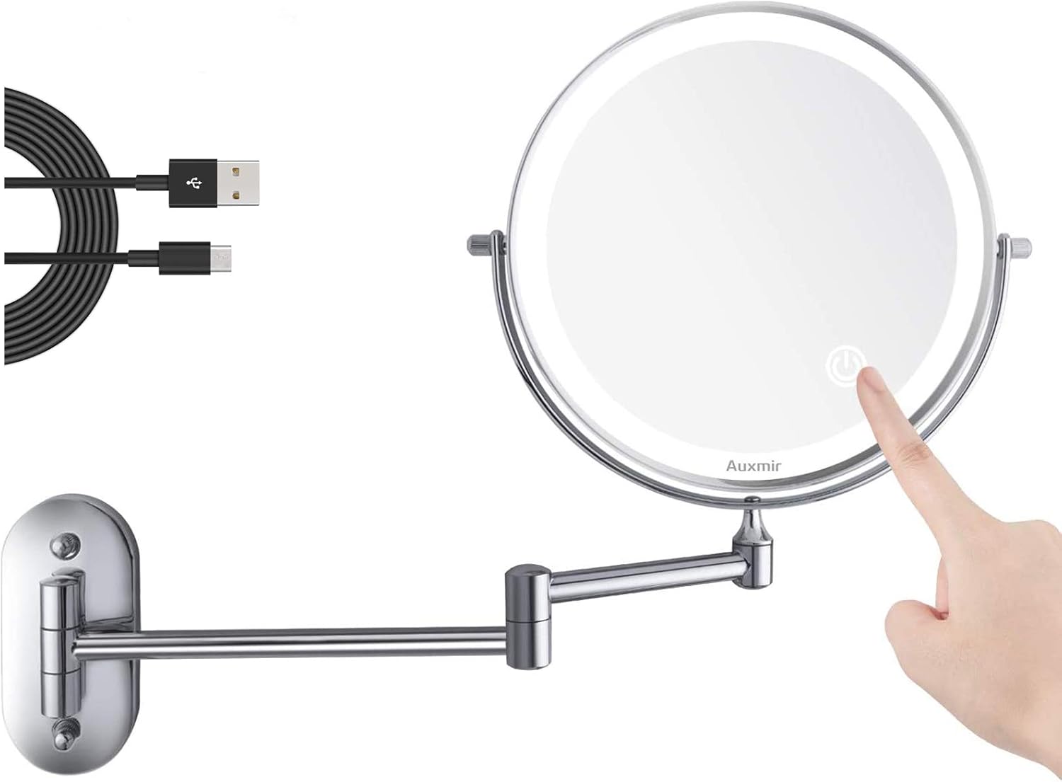 Auxmir Espejo Maquillaje con Luz LED Aumento 1X/10X Espejo Cosmético Iluminoso de Doble Cara, 360 Rotación, Recargable USB, Extensible de Pared para Baño, Tocador, Hotel, Plata