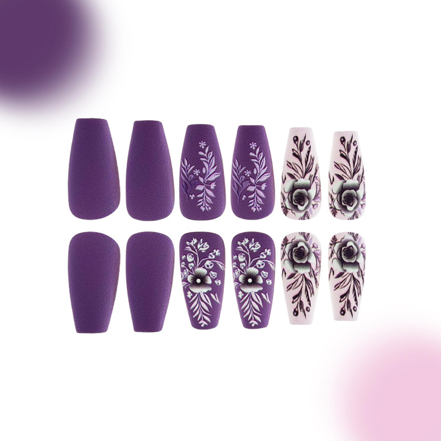 Medium Press on Nails Coffin Fake Nails Purple Acrylic Nails Medium Coffin Embossed Flowers Nails Press ons with Design Winter Press on Nails Matte Stick on Nails for Women Manicure Decorations 24 pcs - Image 6