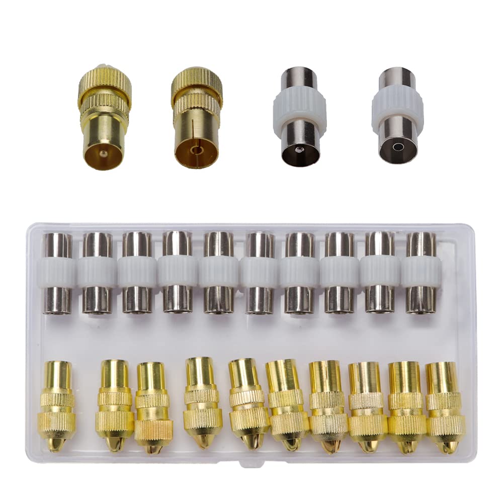 VooGenzek 5 Sets Aerial Connectors, 5 × Female & 5 × Male TV Aerial Coaxial Cable Connectors Adaptor, Cable RF TV Aerial Connector Plug, Male to Male/Female to Female Coaxial Coupler, Gold