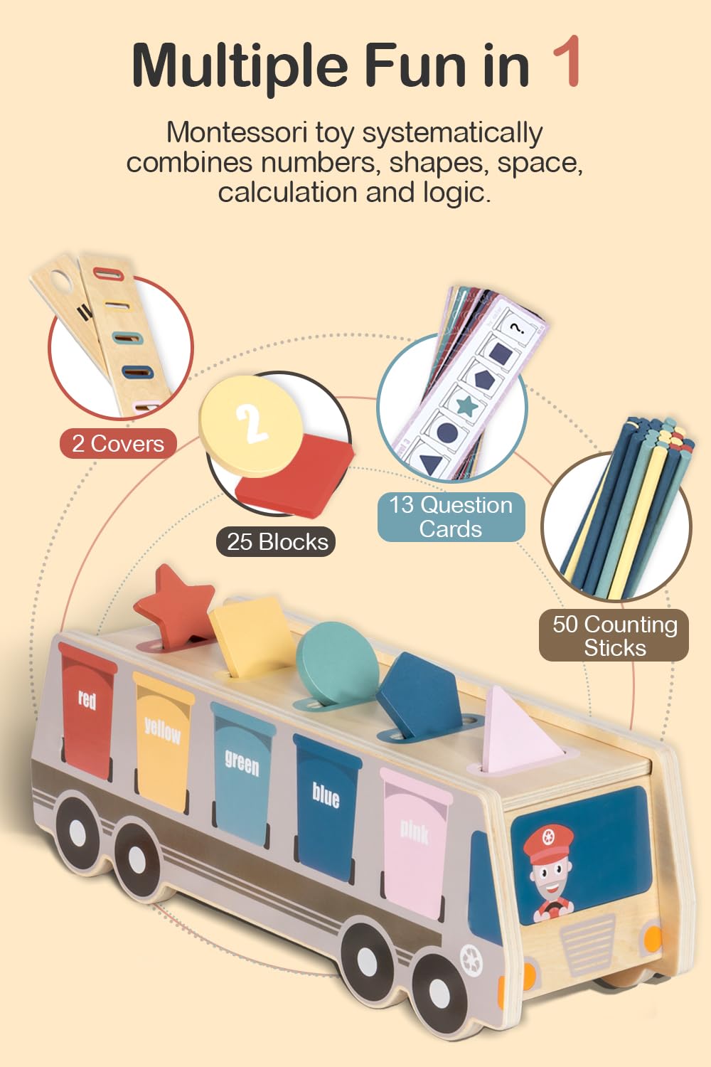 Wooden Toy for Toddlers 2-3 Boys Girls, Color & Shape Sorting Toys for 2 3 Year Old Gifts with Question Cards, Number Blocks & Sticks