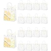 Liobelon 20 Pieces Clear Plastic Gift Bags with Handles Party Favor Bag with 10 Yard Ribbons Roll Reusable Goodie Bags Tote Bag for Wedding, Baby Shower, Birthday Party,6.3 x 5.9 x 2.76 inch,Beige