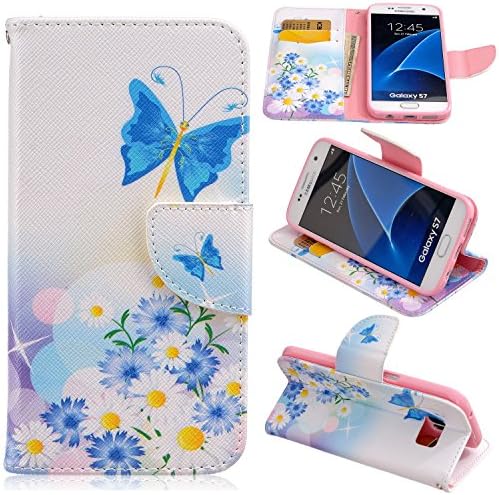 S7 Case / Galaxy S7 Case,DIOS CASE(TM) Magnet Clasp Flap Closure PU Synthetic Leather Stand Folio Flip with Card Slot Wallet Protective Shell Case Cover for Samsung Galaxy S7 (Blue Butterfly)
