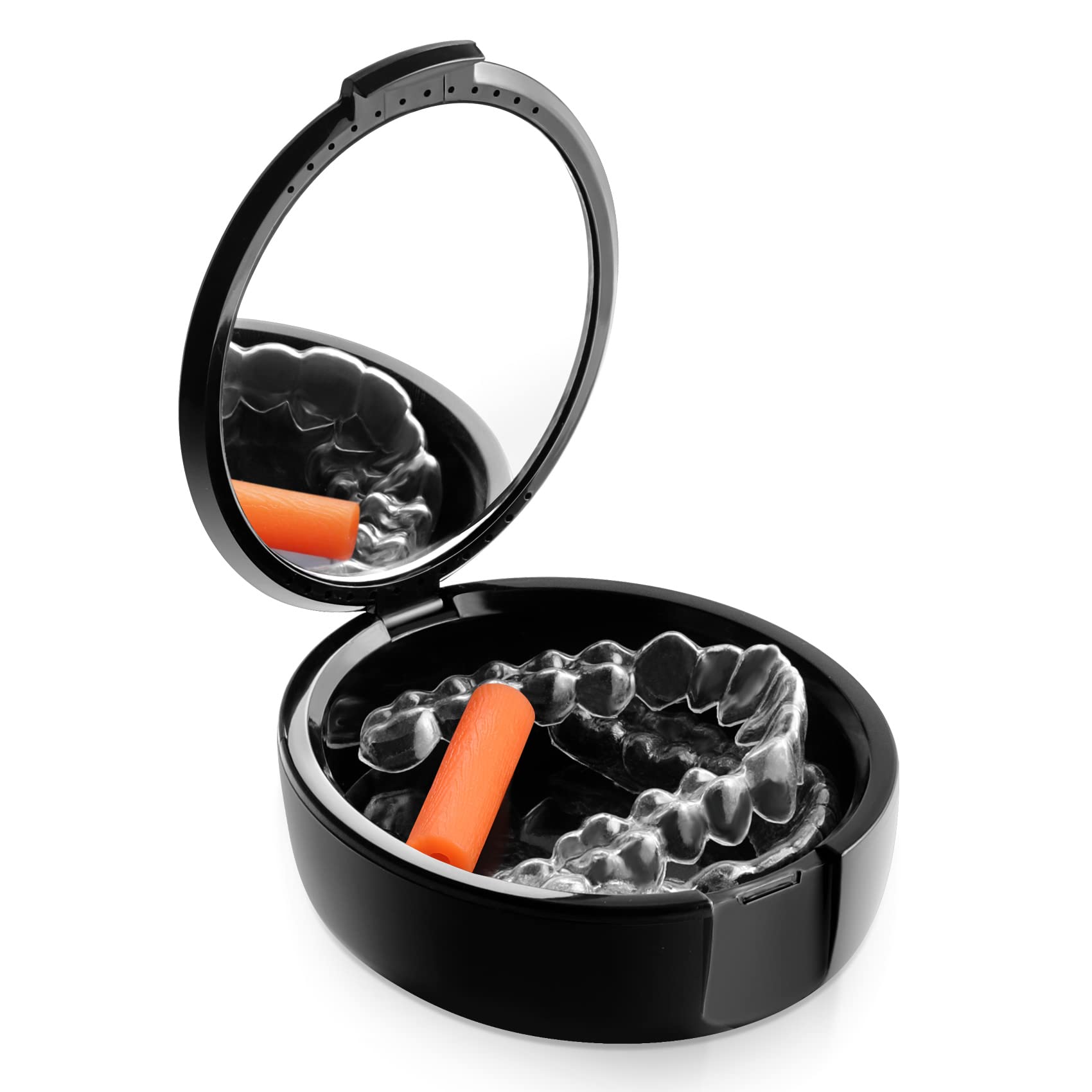 Annhua Denture Box Built-in Mirror Retainer Case with 24 Vent Holes, ABS Retainer Box Black Washable False Teeth Container for Denture, Invisible Aligner, Mouth Guard Brace - 2.9×3.2 Inches