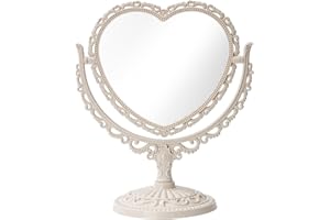 XPXKJ 7 Inch Vintage Heart Mirror - Elegant Desk Makeup Mirror with Double Sided 360 Degree Rotation Vanity Mirror for Coquette Room Decor (Beige 1pcs)
