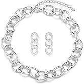 coadipress Gold Link Chain Earrings Necklace Set for Women Minimalist Gold Plated Chain Link Earrings Punk Oval Dainty Chunky Chain Necklace Trendy Jewelry