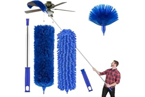 BUYSENTON Cobweb Duster with Extension Pole, Washable Cleaning Duster Kit with 3 Duster Heads, Cobweb Duster, Corner Brush, 15-100 Inch Long Aluminum Telescoping Pole for Ceiling Fan (Blue)