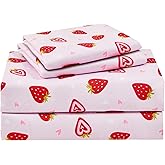 lasoftan Pink Strawberry Printed Kids Sheet Set Twin Size, 3 Pcs Breathable & Silky Soft Microfiber Kids Fitted Sheet, Bed Sheets with 15" Deep Pocket for Boys and Girls
