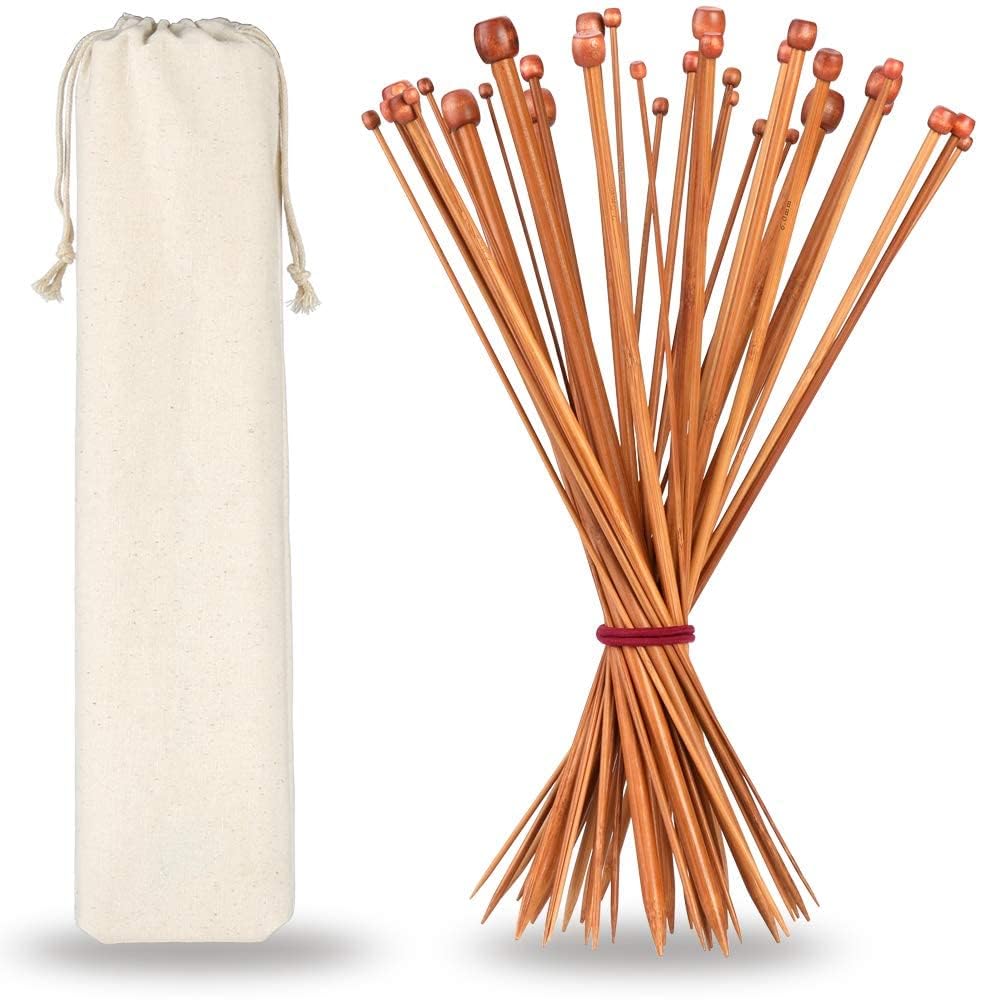 H&S Bamboo & Wooden Knitting Needles Set (36 Pcs) Single Pointed Knitting Needles Long with Case