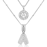 MEIITRUE Initial Letter Necklace for Women 14k White Gold Silver Plated Dainty Necklaces Trendy Chunky Custom Layered Necklace Set Personalized Round Circle Zirconia A-Z Letter Chain Pendant Jewelry Gift