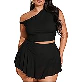 Verdusa Women's Plus Size 2 Piece Outfits Mesh Off Shoulder Crop Tops with Ruffle Skirt Summer Clothing Set