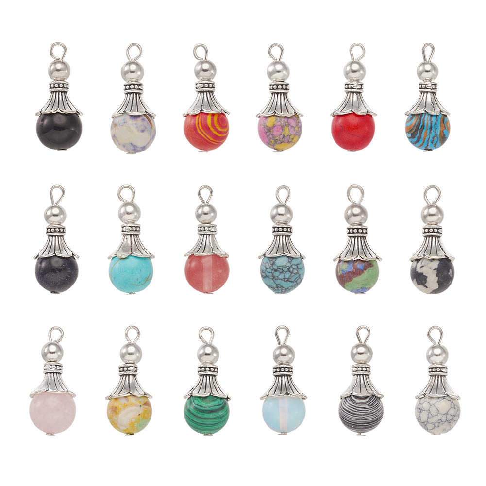 PandaHall 50pcs Natural & Synthetic Mixed Stone Pendants Healing Crystal Quartz Chakra Gemstone Dangle Charms with Alloy Findings for Earring Necklace Jewelry Making, Random Mixed Color