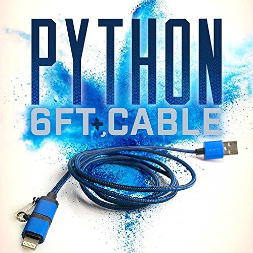 6' 10" LONG, STRONG, FASTEST iPhone Charger &amp; Android Samsung Charging Cable, Dual 2-in-1 Micro USB + Apple Certified 8pin Heavy-Duty Braided Nylon 6ft 10in Cord [Python] (BLUE on BLACK)